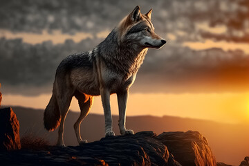 A majestic wolf stands on a rocky terrain at sunset and the sky turns a brilliant shade of yellow