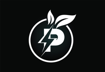 Initial P letter thunderbolt leaf circle or eco energy saver icon. Leaf and thunderbolt icon concept for nature power electric logo - obrazy, fototapety, plakaty