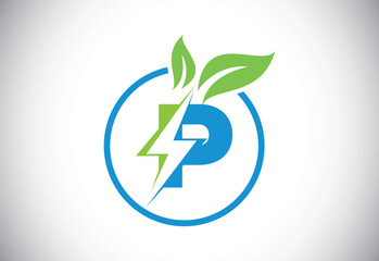Initial P letter thunderbolt leaf circle or eco energy saver icon. Leaf and thunderbolt icon concept for nature power electric logo