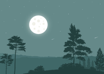 Night landscape with a full moon and trees. Vector illustration.