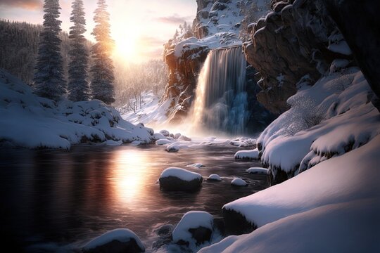 Winter Waterfall Sunrise Nature Background, (created with Generative AI)	