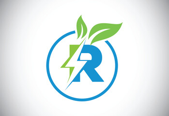 Initial R letter thunderbolt leaf circle or eco energy saver icon. Leaf and thunderbolt icon concept for nature power electric logo
