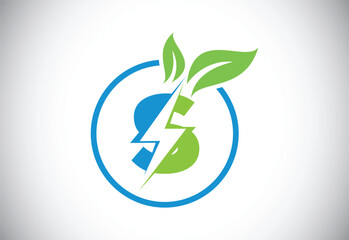 Initial S letter thunderbolt leaf circle or eco energy saver icon. Leaf and thunderbolt icon concept for nature power electric logo