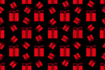 Seamless pattern with red gift boxes on the black  background. Endless backdrop with a gifts. Valentines day wrapping paper. Valentine concept. Wallpaper and fabric print.