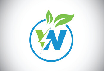 Initial W letter thunderbolt leaf circle or eco energy saver icon. Leaf and thunderbolt icon concept for nature power electric logo
