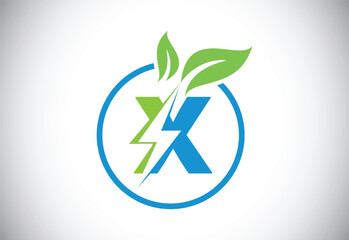 Initial X letter thunderbolt leaf circle or eco energy saver icon. Leaf and thunderbolt icon concept for nature power electric logo