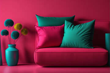 Beautiful magenta color of the year 2023. Mockup empty wall.Crimson red tone colorful decoration. Living room - modern design interior, Generative AI