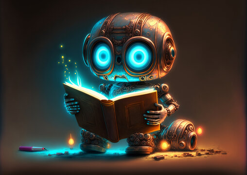 Naklejka Cute surprised robot child after reading in a book, cartoon style, android kid, anthropomorphic art created by ai
