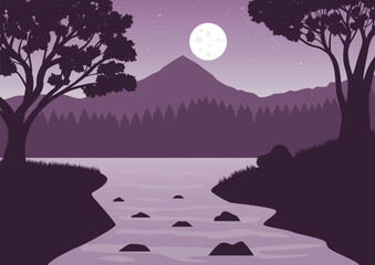 Vector illustration of a mountain landscape with a river and a forest at night