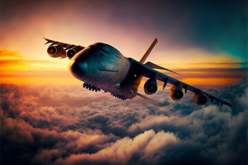 Giant aircraft in the sky flying over clouds with sunlight AI