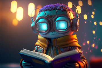 Cute robot child reading a book with a smile, cartoon style, android kid, chatbot concept, ChatGPT, art created by ai