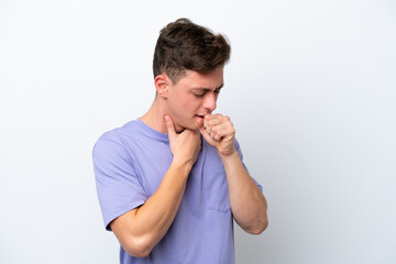 Young handsome Brazilian man isolated on white background coughing a lot
