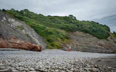 Fototapeta na wymiar Blue lias and Mercia mudstone rock strata on Watchet Beach, Somerset
