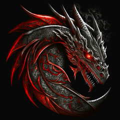 Silver dragon talisman logo with red sparkles