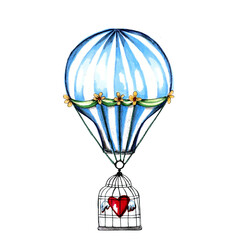 Watercolor hand drawn conceptual illustration of hot air ballon with a heart kept closed in a bird cage. Retro ,romantic for Valentines day card.