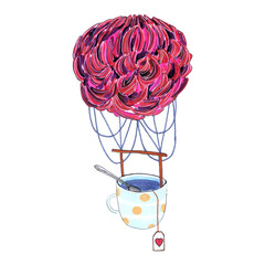 Watercolor hand drawn conceptual illustration of hot air ballon in the shape of peony flower and cup of tea . Retro ,romantic for Valentines day card.