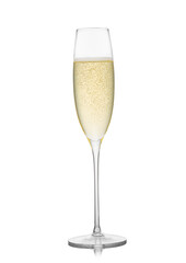 Yellow golden champagne glass on white background.