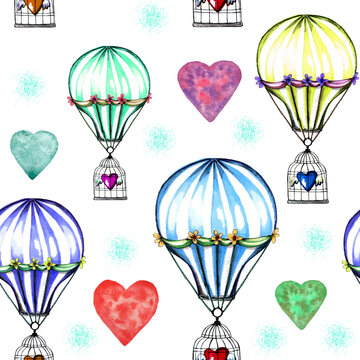 Watercolor hand drawn conceptual seamless pattern of colored hot air ballons with a hearts kept closed in a bird cage. Retro ,romantic for Valentines day card, wrappers.