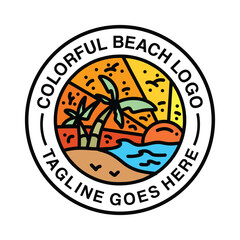 Colorful Summer Beach Logo Monoline Vintage Emblem Vector Design badge illustration Symbol Icon