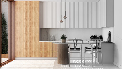 Architect interior designer concept: hand-drawn draft unfinished project that becomes real, japandi modern wooden kitchen. Dining island with chairs. Scandinavian style