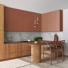 Scandinavian contemporary kitchen in orange and wooden tones. Island with stools and appliances, herringbone parquet. Japandi interior design