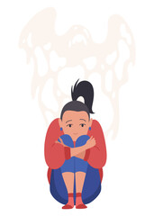 Depressed people. Depression. Sad woman seating. Lonely teenager. Symbol of sorrow, sadness and mental disorder. Unhappy and stressed student