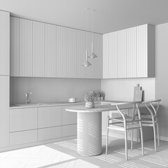 Total white project draft, scandinavian contemporary kitchen. Island with stools and appliances, herringbone parquet. Japandi interior design