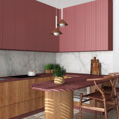 Modern japandi kitchen in red tones. Dining island with chairs. Herringbone parquet floor and potted plants. Wooden interior design