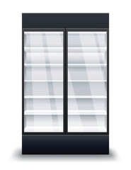 Commercial fridge. Realistic empty refrigerator. Supermarket commercial freezer equipment. Freeze appliances for drinks and food