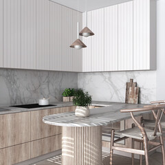 Modern japandi kitchen in white tones. Dining island with chairs. Herringbone parquet floor and...