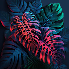 Neon tropical leaves background. Generative AI.