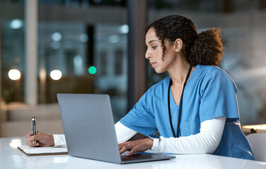 Research, writing and doctor black woman with notebook for medical report, healthcare and schedule...