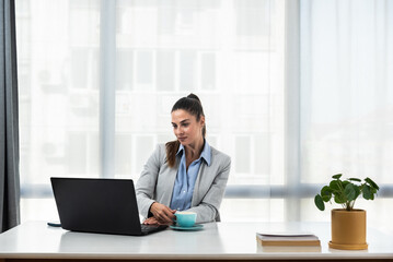 Young happy professional business woman employee sitting at desk working on laptop in modern corporate office interior. Smiling female worker using computer technology typing browsing web
