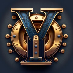 Capital letter Y, steampunk alphabet in bronze metal and navy blue, AI generative. - obrazy, fototapety, plakaty