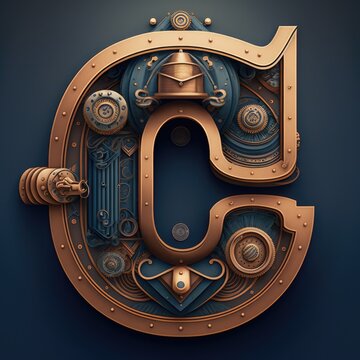 Capital letter C, steampunk alphabet in bronze metal and navy blue, AI generative.