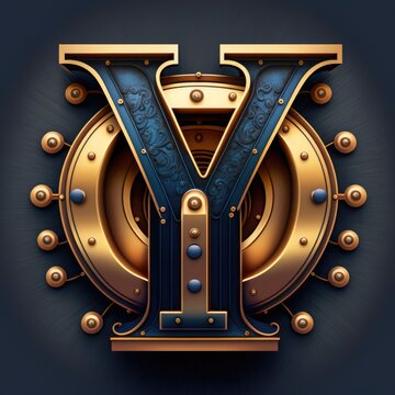 Capital letter Y, steampunk alphabet in bronze metal and navy blue, AI generative.