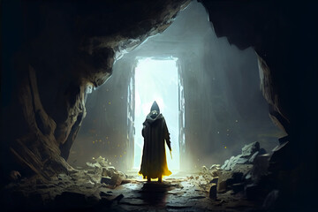 Dark cave man in long white clothing.