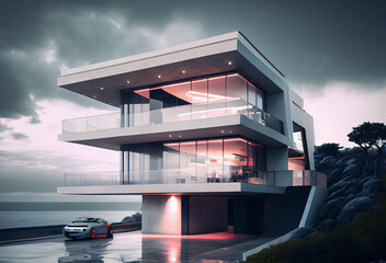 Cyberpunk inspired villa ocean view realistic 3D. generative ai