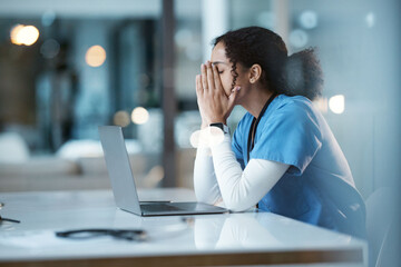 Burnout stress, nurse and black woman in hospital feeling pain, tired or sick on night shift....