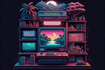 Vintage video game console illustration, 16-bit, retro 80s and 90s. Generative AI - obrazy, fototapety, plakaty