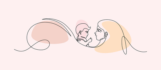 Hand drawn line art mother and son illustration