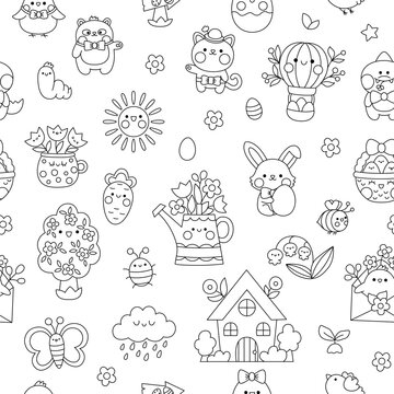 Vector black and white kawaii Easter seamless pattern for kids. Cute spring cartoon repeat background or coloring page. Digital paper with bunny, colored eggs, bird, chick, basket, flowers.