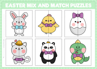 Vector Easter mix and match puzzle with cute kawaii characters. Matching spring holiday activity for preschool kids. Educational garden game with bunny, egg, chick, cat, panda bear, crocodile.