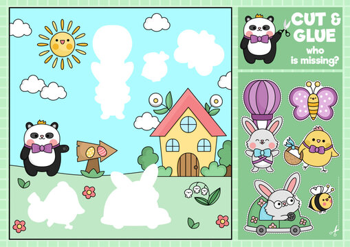Vector Easter cut and glue activity. Crafting game with cute kawaii egg hunt scene. Fun spring holiday printable worksheet. Find the right piece of the puzzle. Complete the picture with chick, bunny.