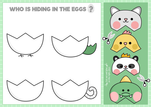 Vector Easter cut and glue activity. Crafting game with cute kawaii egg shell. Fun spring holiday printable worksheet. Find the right piece of the puzzle. Complete the picture with hatching animals.