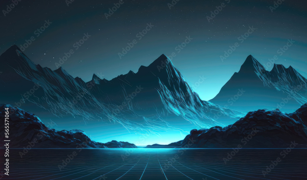 Poster retro futuristic background. abstract digital landscape with particles dots and stars on horizon. wi