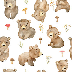 Watercolor seamless pattern with bears on a white background. Hand drawn illustration for fabric, wrapping paper, etc.