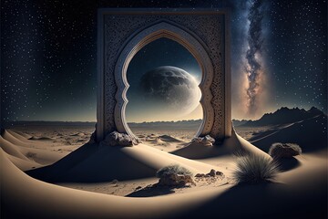 Illustration of mystical portal in the desert with dunes, milky way in the sky. Generative AI