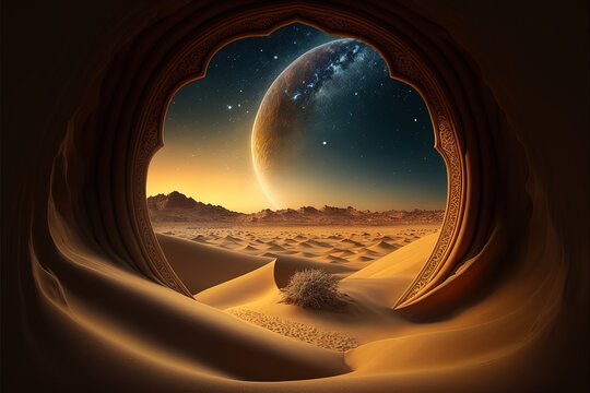 Illustration of mystical portal in the desert with dunes, milky way in the sky. Generative AI