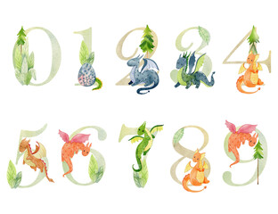 Watercolor dragons numbers for invitation card, nursery poster, baby shower and other. Animal alphabet letters.